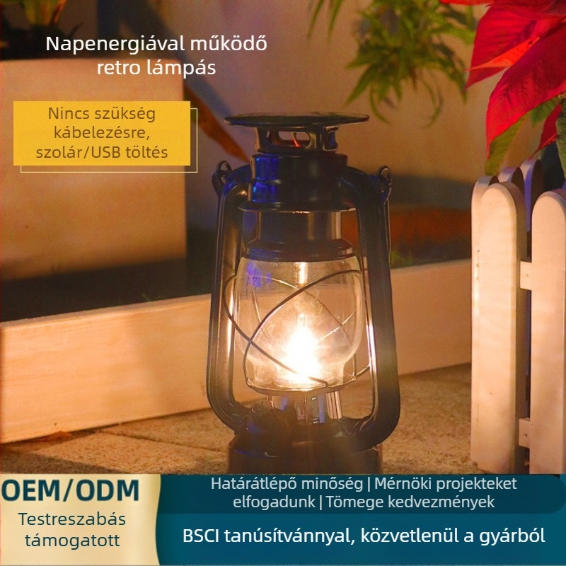 Üvegfalú napelemes sátorlámpa – vízálló kültéri fény, újratölthető sátorvilágítás, kerosénlámpa-stílusú