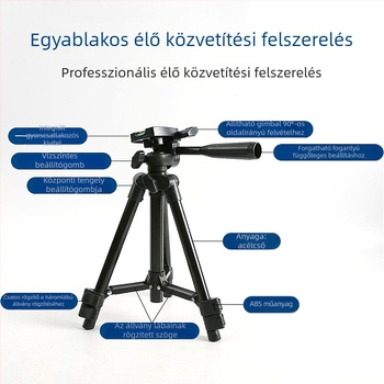 Könnyű kamera- és telefontripod, élő közvetítéshez, DSLR/mirrorless kompatibilis