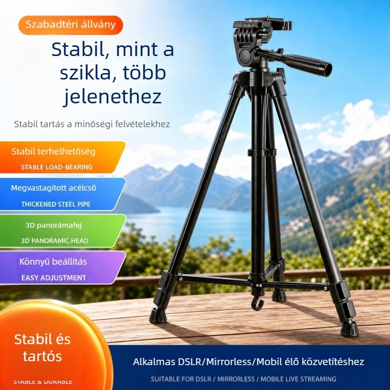 Könnyű kamera- és telefontripod, élő közvetítéshez, DSLR/mirrorless kompatibilis