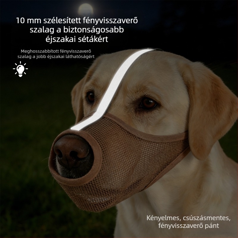 PVC kutyaszájvédő — légáteresztő, fényvisszaverő, harapás elleni, véletlen lenyelés elleni, menekülés elleni