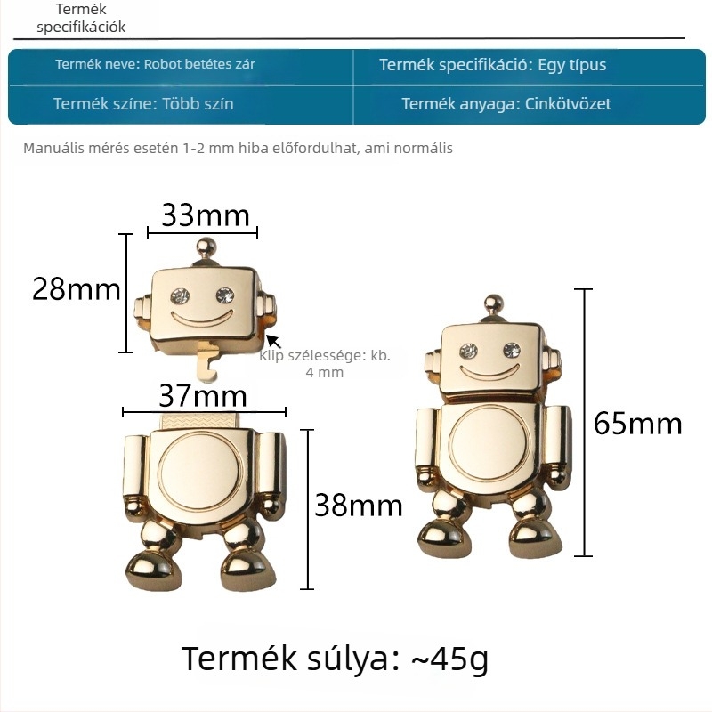 Robot alakú zár, 65 mm külső átmérőjű, cinkötvözetből készült, táskákhoz és dobozokhoz
