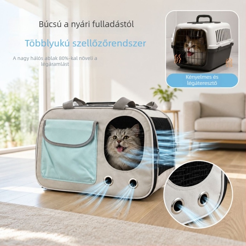 Légáteresztő összecsukható macska táska keresztpánttal, hordozható, nagy kapacitású, macskáknak legfeljebb 5 kg, 43×28×25 cm, Oxford anyag