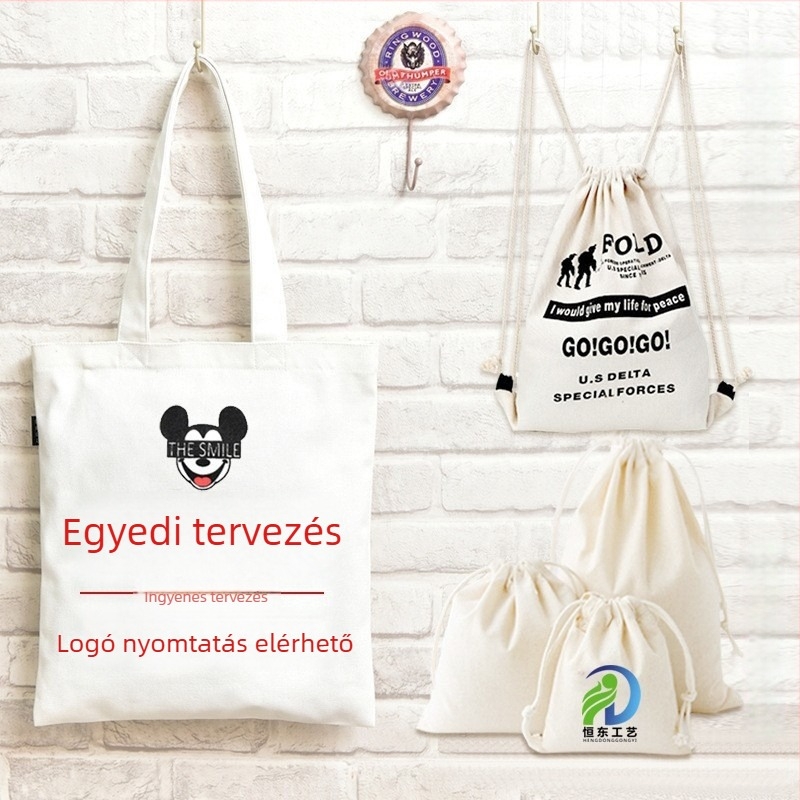 Egyedi logóval ellátott vászontáska húzókötős kialakítással, pamut hátizsák diákoknak, környezetbarát