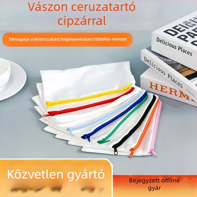 Tartó vászonból cipzárral, sminktáska, üres logótestreszabáshoz, strapabíró iskolai tároló