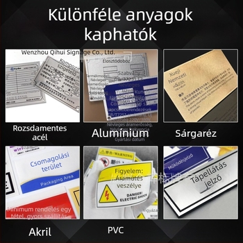 Fém névtáblák berendezésekhez egyedi logóval; anyagok: rozsdamentes acél, alumínium, sárgaréz, akril vagy PVC; kétszínű táblák logóval és címkézéssel; UV jelölés és nyomtatás.