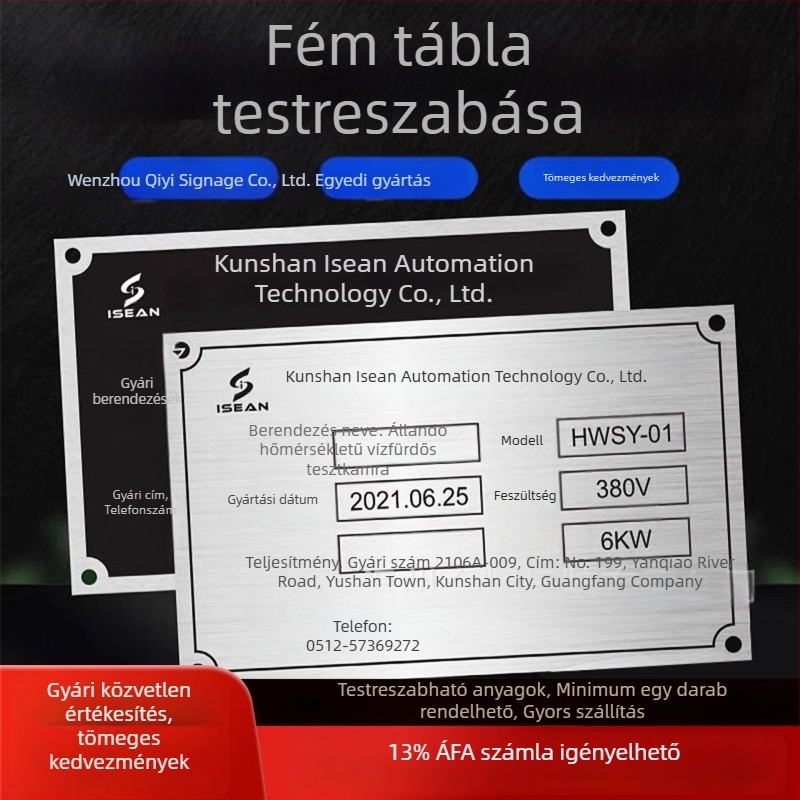 Fém névtáblák berendezésekhez egyedi logóval; anyagok: rozsdamentes acél, alumínium, sárgaréz, akril vagy PVC; kétszínű táblák logóval és címkézéssel; UV jelölés és nyomtatás.