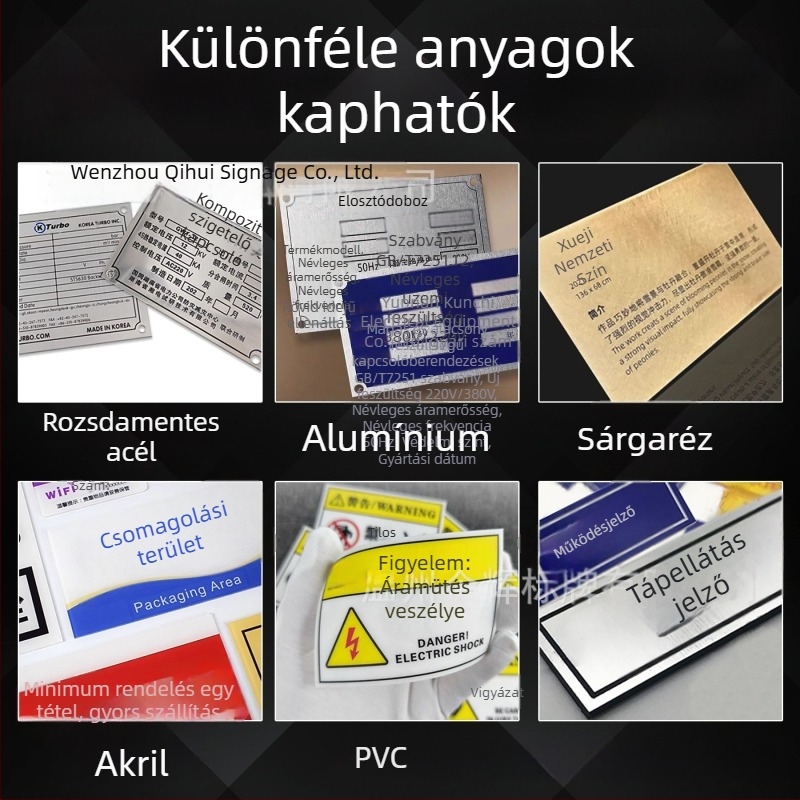 Fém névtáblák berendezésekhez egyedi logóval; anyagok: rozsdamentes acél, alumínium, sárgaréz, akril vagy PVC; kétszínű táblák logóval és címkézéssel; UV jelölés és nyomtatás.