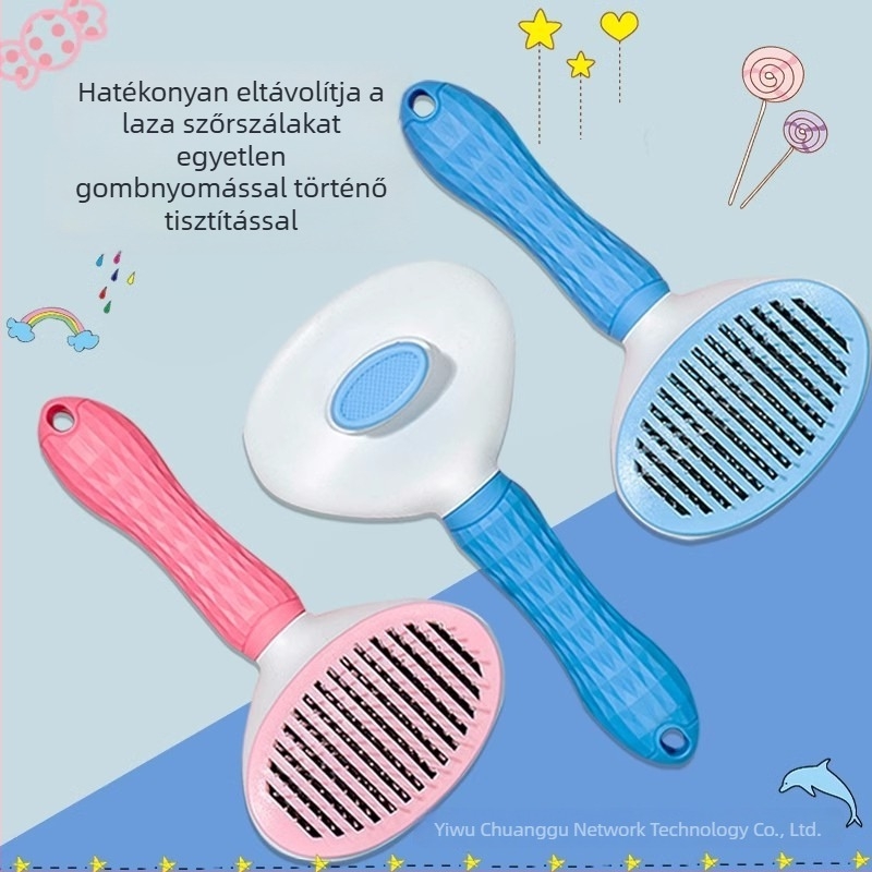 Öntisztító háziállat-grooming fésű macskák és kutyák számára, rozsdamentes acél tüskékkel, csomóoldó fésű és nyomásos ápoló ecset