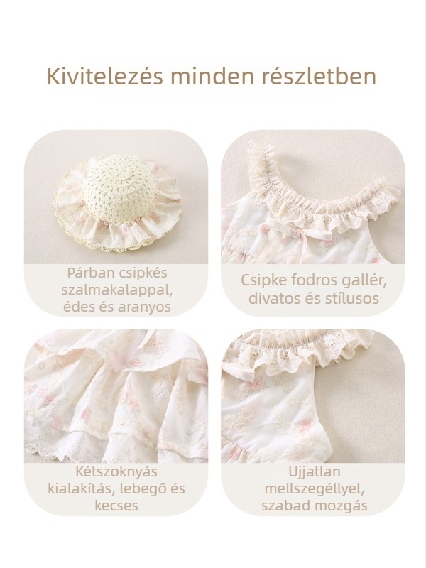 Lila babakelés ruha kislányoknak, nyári légáteresztő, hercegnő-stílusú pántos ruha virágos mintával