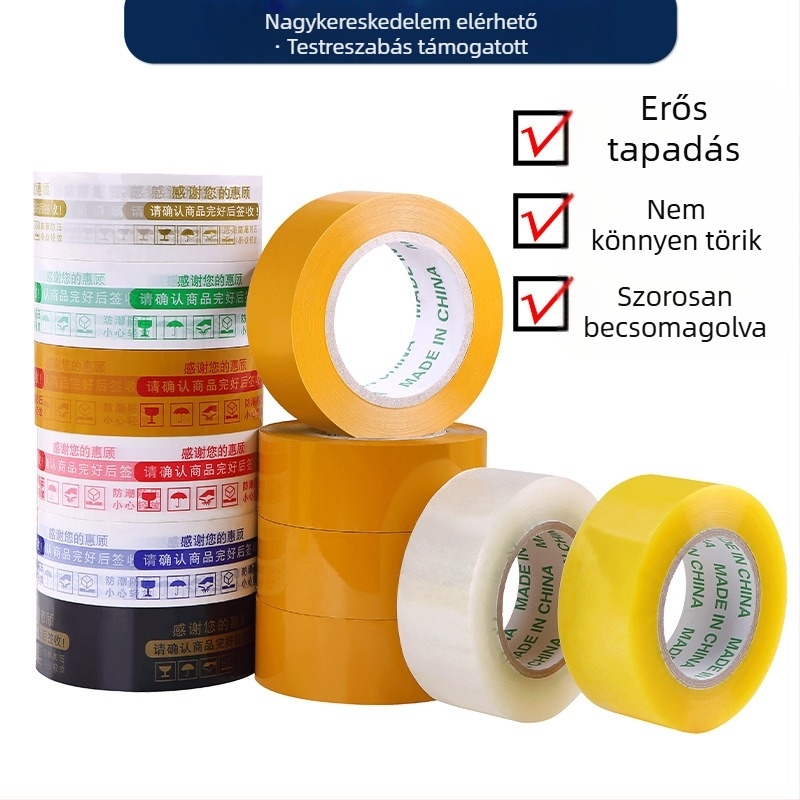 Átlátszó sárga csomagoló szalag, BOPP film, erős tapadás, ideális záráshoz és csomagoláshoz