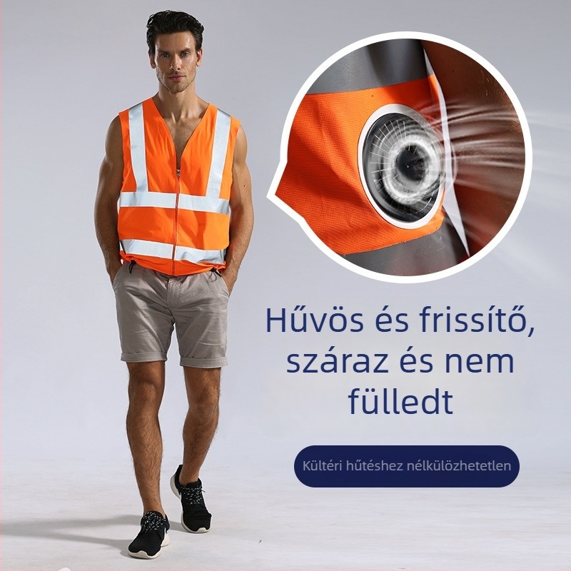 Nyári hűtő ruházat ventilátorral, fényvisszaverő mellény és biztonsági öv kültéri munkához