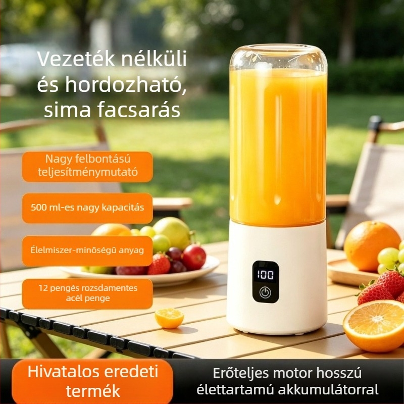 Hordozható, újratölthető, multifunkcionális kis méretű gyümölcslé pohár háztartási használatra; képes jégdarabok összetörésére és gyümölcs- és zöldséglé készítésére.