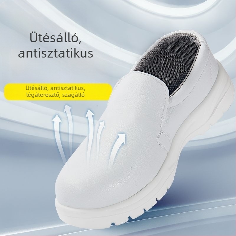 Fehér acélorrú védőcipő, antistatikus munkavédelmi cipő élelmiszeripari tisztatérhez, nyári modell, áthatolás elleni védelem