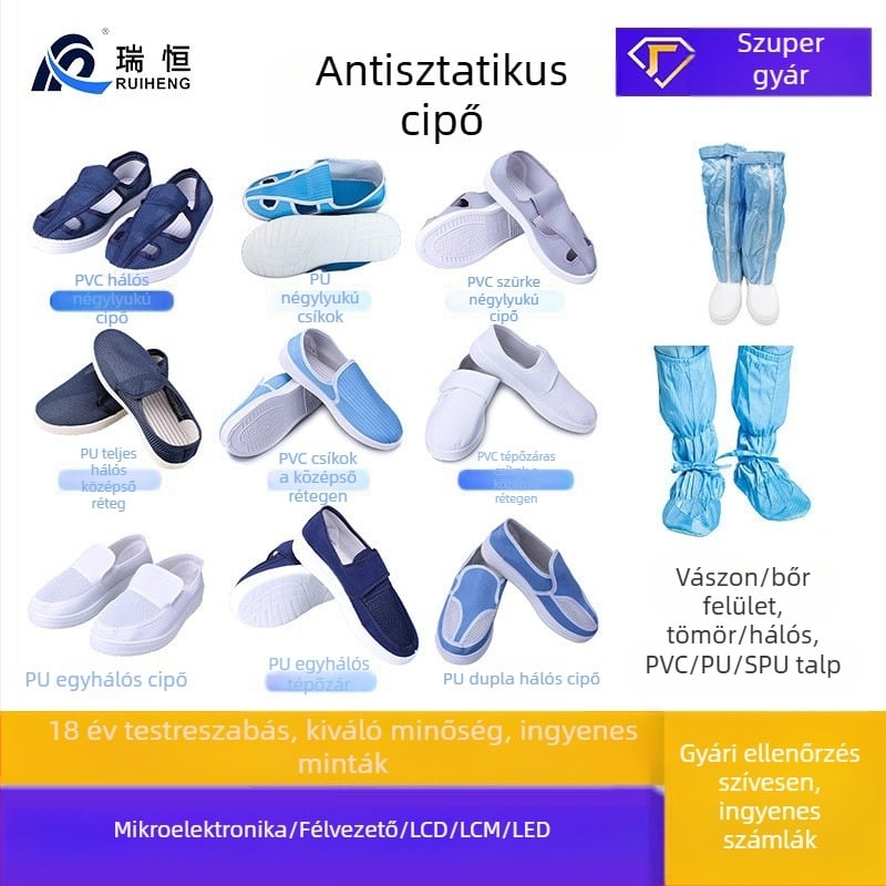 Személyre szabható antiszatikus munkacipő tisztítótermekbe, fehér, SPU/PU/PVC talppal, négy lyukas fűzőnyílás
