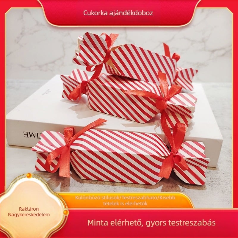 Mini aranyos piros csíkos rúzsdoboz és ajándékdoboz, virág alakú, 4×4×8 cm, papírból, modern minimalist stílus, esküvőre és bulikra.
