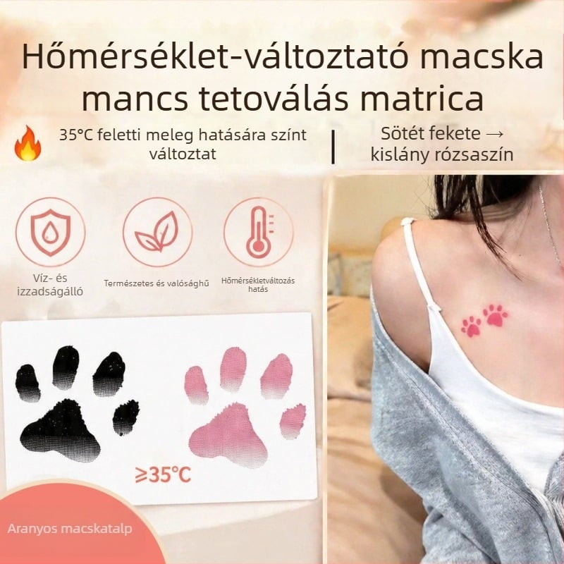 Hőmérséklet-érzékeny macska tappancs tetováló matricák, vízállóak és izzadásállóak, aranyos nőies stílus, színváltozás, hosszú élettartamú