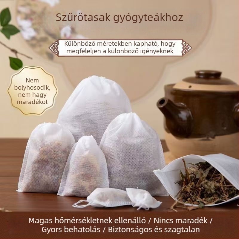 Egyszer használatos, nem szövött tea-filter tasakok húzózsinórral, teához, levesekhez és főzetekhez