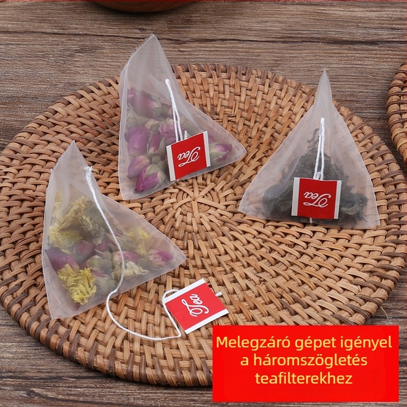 Élelmiszer-minőségű, egyszer használatos nylon háromszög teazsák szűrőhálóval és hőzárással.