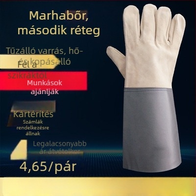 Meghosszabbított kétrétegű tehénbőr hegesztő kesztyűk, szikra- és kopásálló védelem