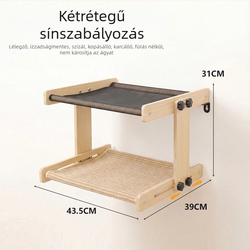 Szilárd fából készült macska-mászófa ággyal, kaparófelülettel és kétszintes ablakpárkánnyal