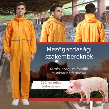 Disznótenyésztéshez készült kapucnis egyrészes overál — védőruha etetéshez, por- és vízálló, olajálló.