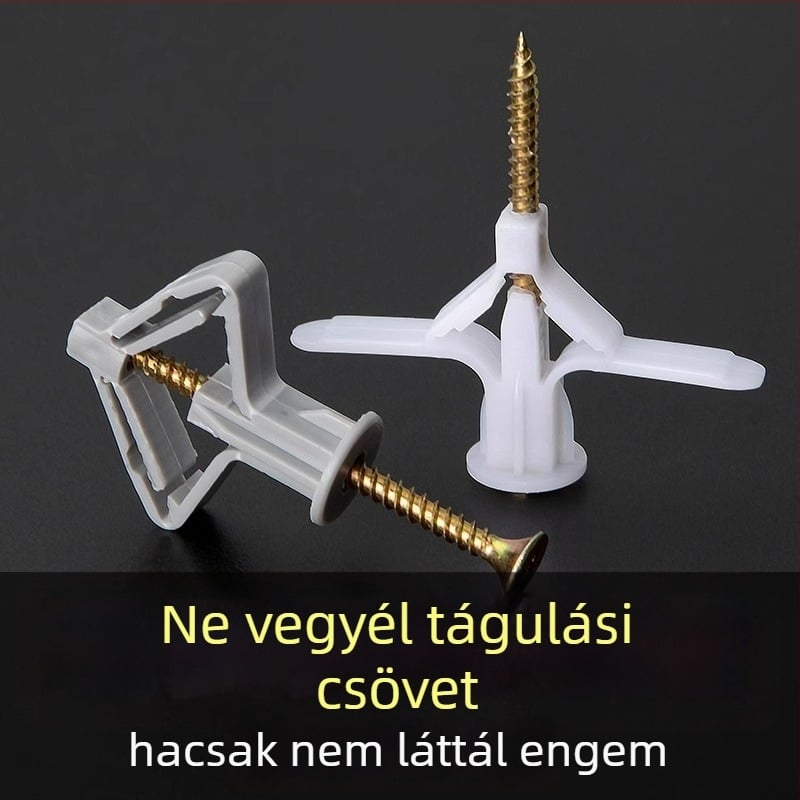 Gipszkartonhoz készült expanziós csavar készlet bővítőcsövekkel, műanyag dugókkal és pillangó alakú öntörő csavarokkal