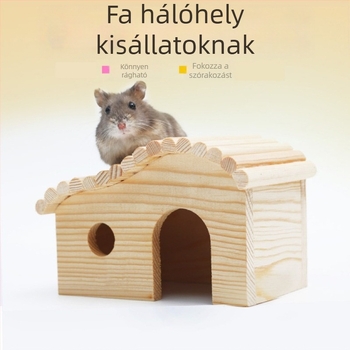 Fából készült hamsterjáték, erdei faházzal, alvófészekkel és kilátótornyossal