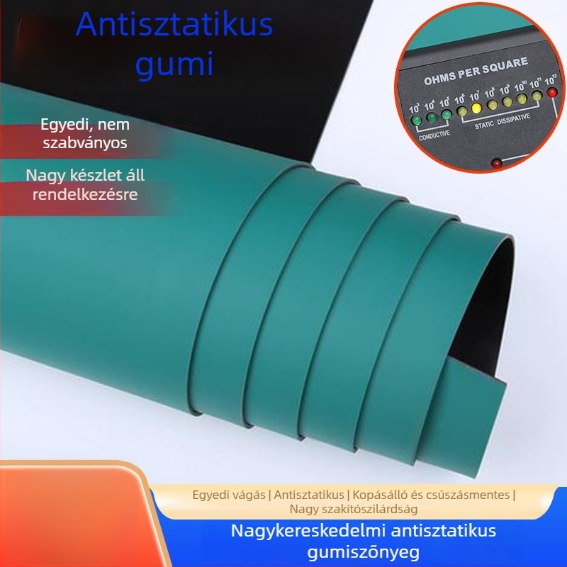 Zöld antistatikus gumipad laboratóriumi munkafelületekhez és elektronikai javítóasztalokhoz