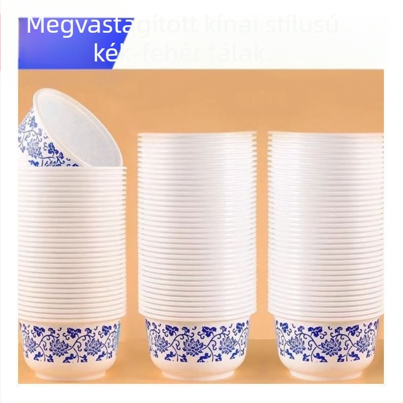 Egyszer használatos műanyag tál kék-fehér porcelán hatású dizájnnal, luxus, hőálló, élelmiszer-minőségű, cateringre, esküvőkre és otthoni használatra