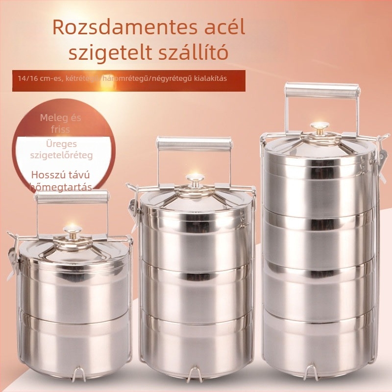 Rozsdamentes acélból készült szigetelt ebédes doboz, több rétegű kialakítással kültéri piknikekhez