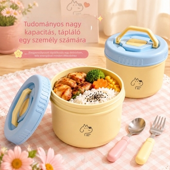 Kerámia kör alakú ebédhordó irodai dolgozóknak és diákoknak, 1–2 L kapacitás, egyrétegű, mikrohullámú sütő nem alkalmas, hordozható, modern minimalist stílus, rajzfilm mintával