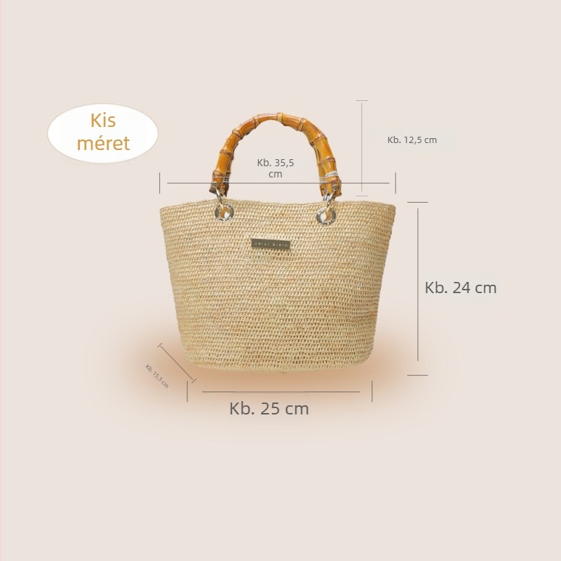 Kaishida raffia táska, kézzel szőtt, francia stílus, nagy kapacitás, letisztult dizájn