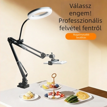 Többcélú élő közvetítés állvány világítással és felülről néző telefontartóval, asztali fényképezéshez és rövid videókhoz.