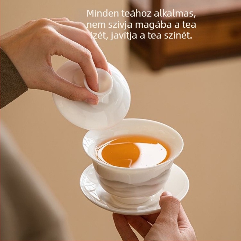 Háromrészes fedeles teás tál fehér porcelán