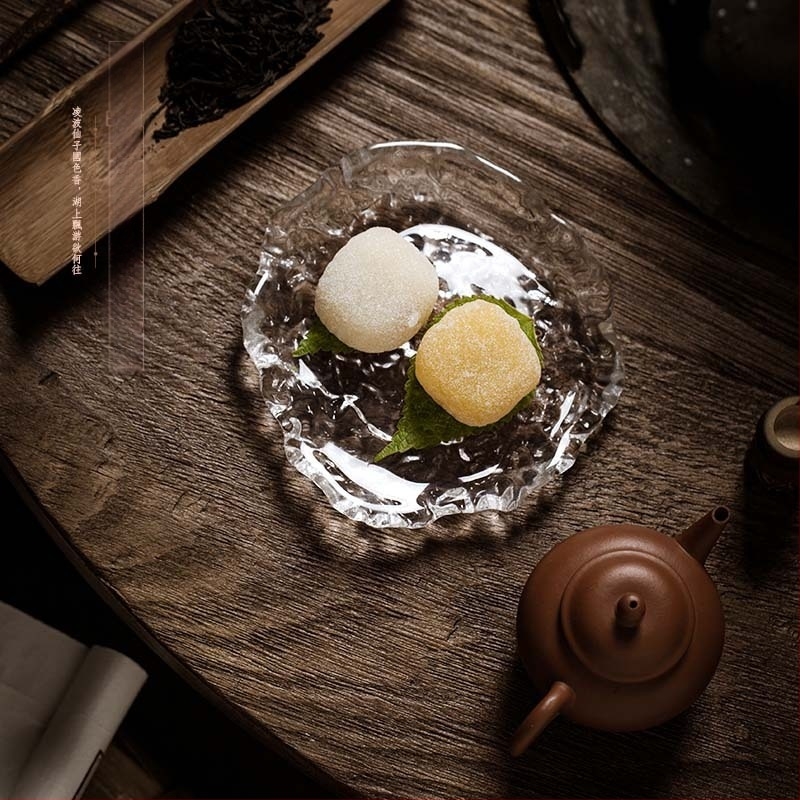 Kristályüvegből készült teáskanna-tartó, japán stílusú, vastag, áttetsző teás tál kalapált textúrával, szabálytalan száraz infúziós platform és dim sum tányér