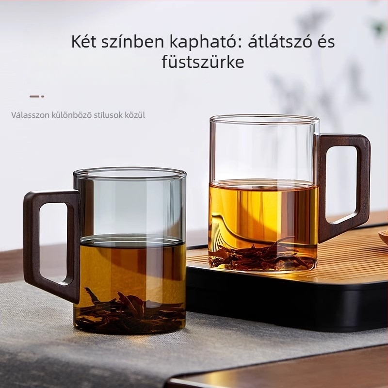 Új kínai stílusú bóroszilikát üveg tea csésze diófa tetővel és fa fogantyúval, hőálló zöld tea – 3 darabos készlet