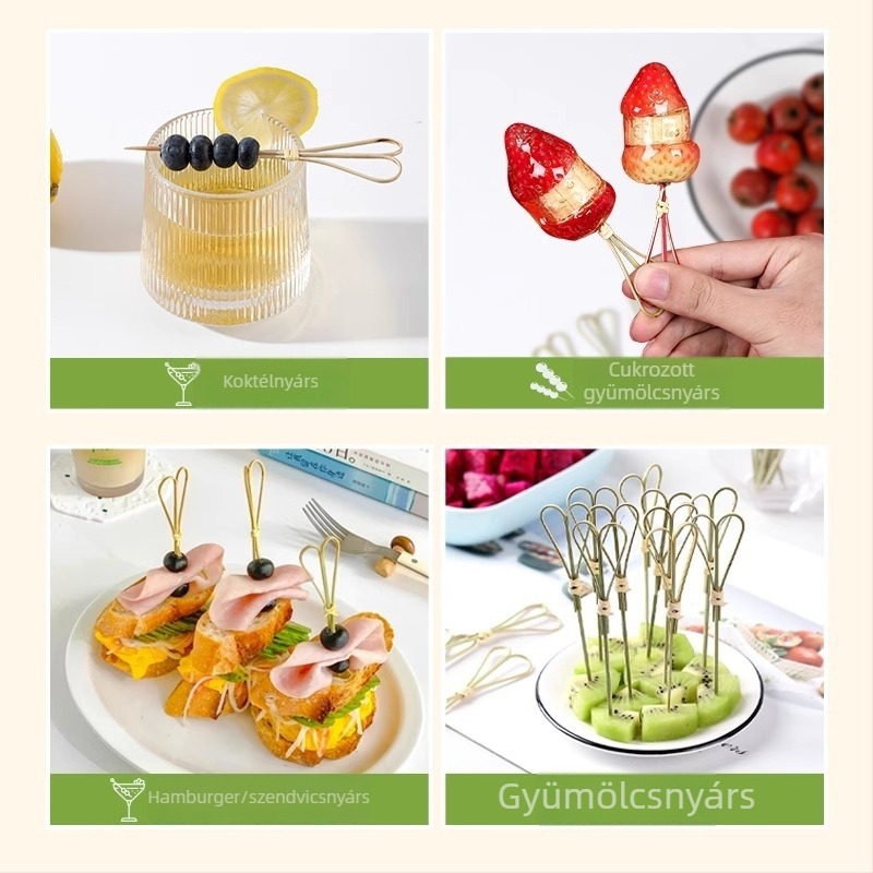 Természetes bambusz desszertnyárs készlet: gyümölcsnyársak, kandírozott gyümölcs nyársak, DIY nyársak, koktélnyársak, gyűrűs nyársak