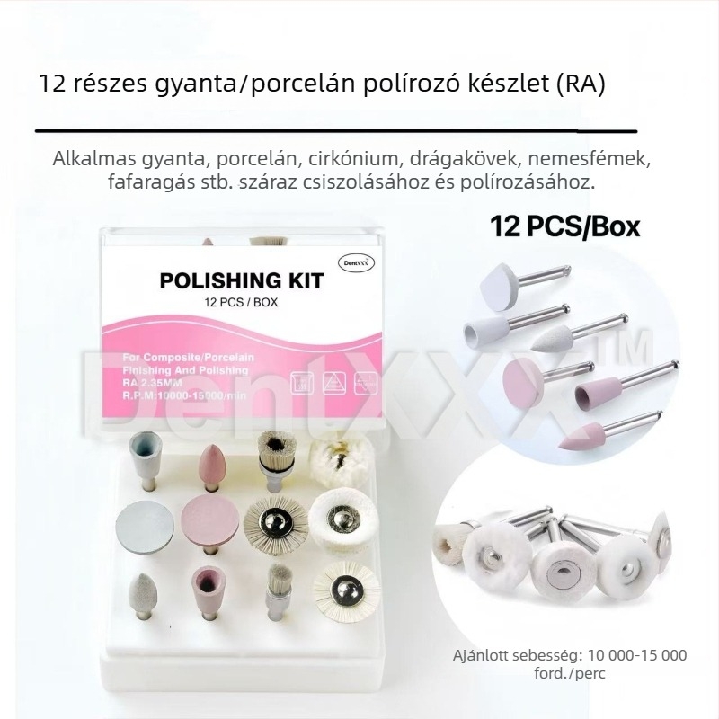 12 részes készlet gyanta, porcelán, cirkónium-oxid és fém csiszoló- és polírozó eszközökhöz, alacsony fordulatú markolattal