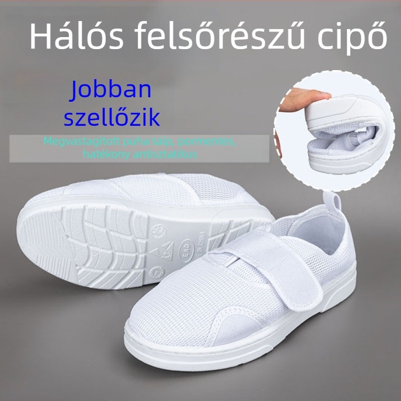 Antisztatikus hálós cipő, légáteresztő, vastagított puha talp, tépőzáras zárás, uniszex műhelycipő