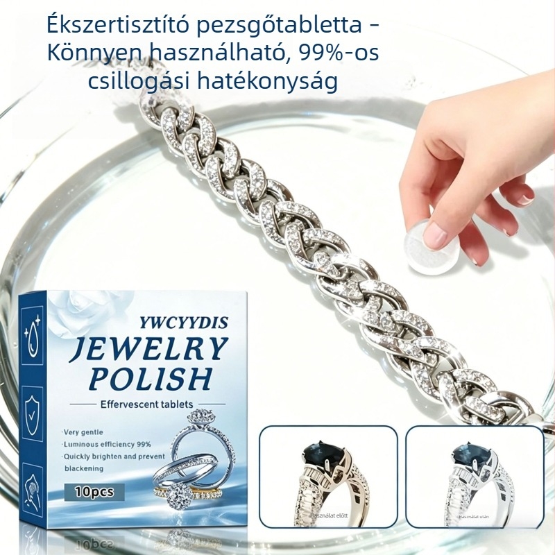 Ékszerek ápolására és tisztítására pezsgőtabletta; minden típusú ékszerhez alkalmas; könnyen eltávolítja a foltokat és az oxidációt
