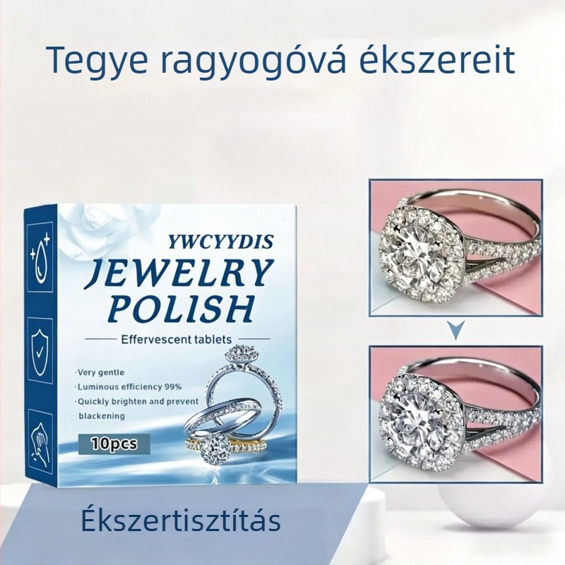 Ékszerek ápolására és tisztítására pezsgőtabletta; minden típusú ékszerhez alkalmas; könnyen eltávolítja a foltokat és az oxidációt