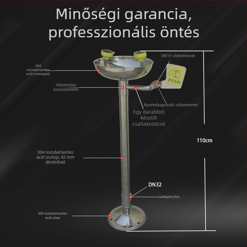 Lábpedállal működő függőleges szemmosó állomás – 304 rozsdamentes acél és ABS, ipari kategória