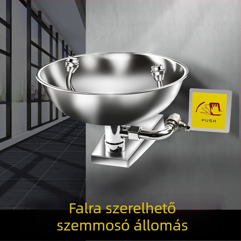 Laboratóriumi szemmosó állomás, 304-es rozsdamentes acélból, dupla csatlakozás, falra szerelhető vagy asztali típus, permetező öblítés, vészhelyzet