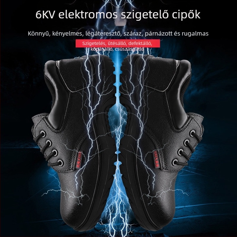 6 kV szigetelt villanyszerelő cipő műanyag orrvédővel, fémmentes, alacsony szárú, felsőrésze tehénbőr