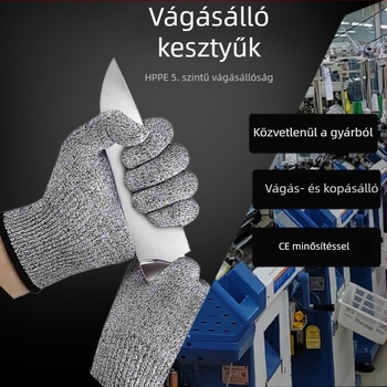 Szürke vágásbiztos kesztyű konyhai használatra, HPPE anyag, élelmiszer-biztonságú, szakácsok és famegmunkálás számára