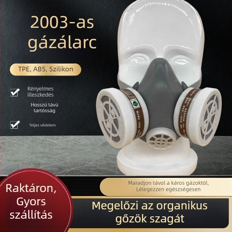 Kétkamrás ipari gázmaszk, szilikon gumiból, permetezéshez, védelem benzol, formaldehid és növényvédőszerek ellen.