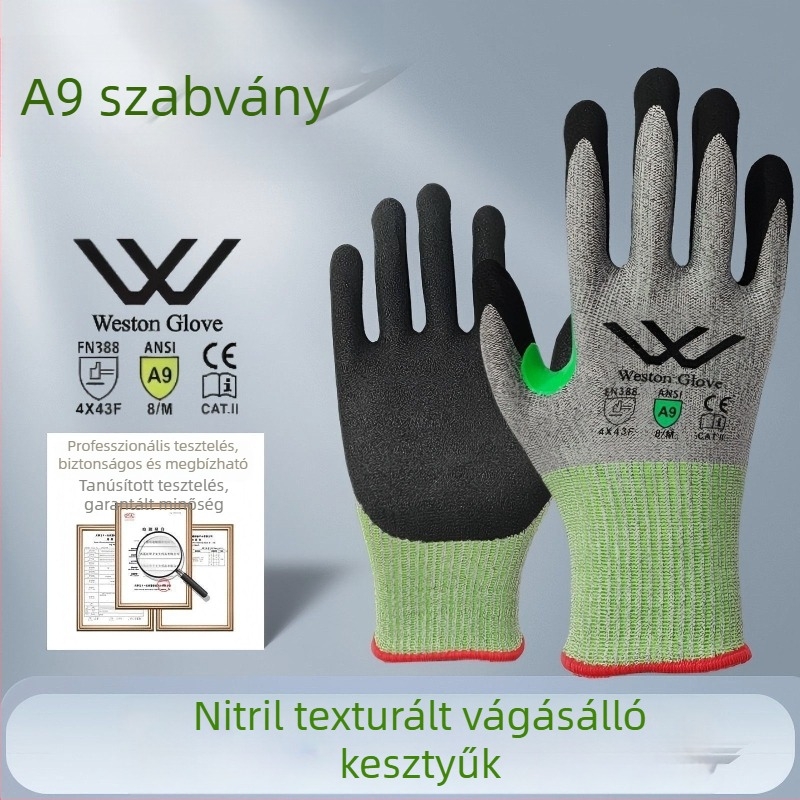 A9-es szintű vágásálló nitril kesztyű, matt felület, csúszásmentes és kopásálló