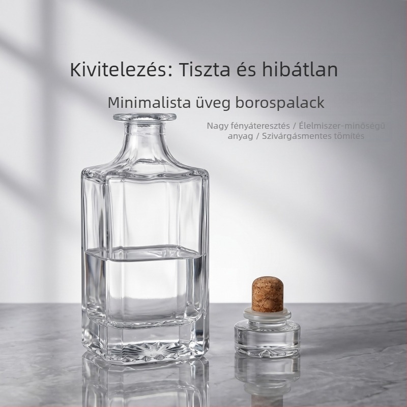 Egyszerű, átlátszó whiskeyüveg, 750 ml, vastagított kristályfehér üveg, záró parafa