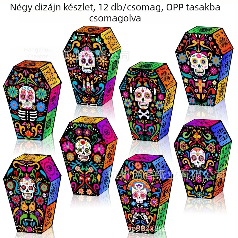 KZ123 Halottak napjára készült koponya ajándékdoboz, fehér kartonból, szabálytalan alakú, bulis cukorka doboz