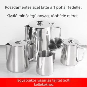Rozsdamentes acél latte art kancsó fedővel, hegyes kifolyócsővel és vastagabb testtel